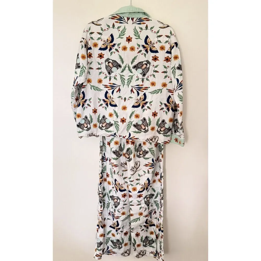 Anthro LyreBird Cotton Flannel Pajama Set Floral Animal Print Cottage Sleep XS